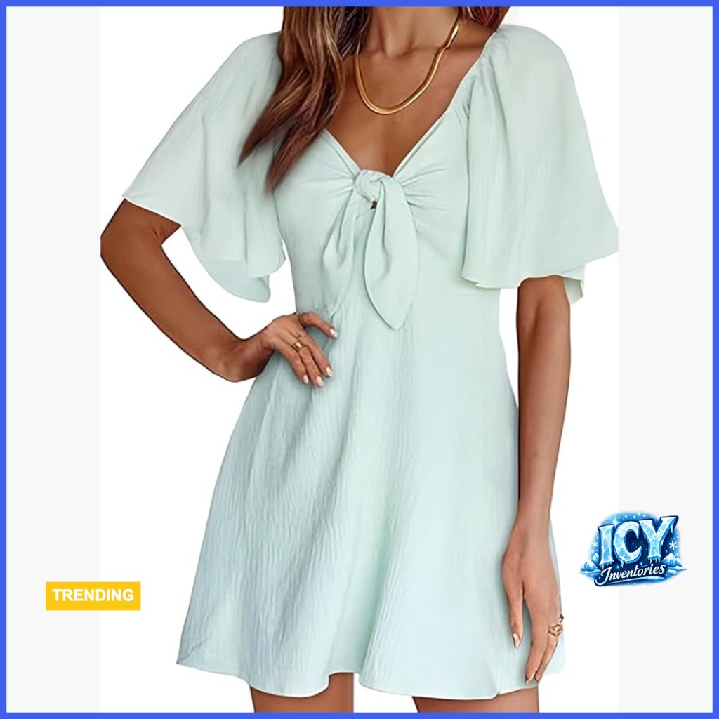 Deep V Neck Elegant Bow Tie Mini Dress With Floral Sleeves